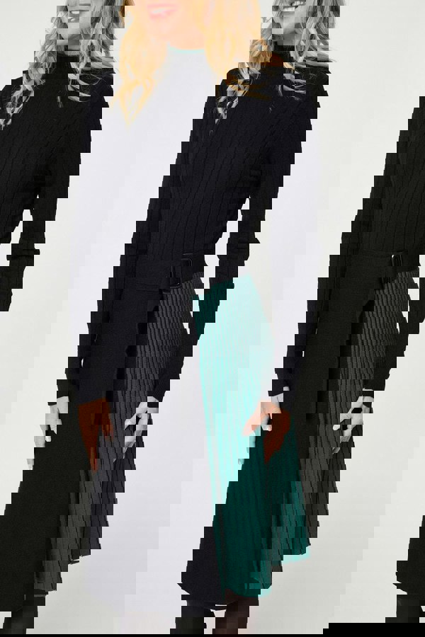 Black | Colour Block High Neck Pleated Knit Dress
