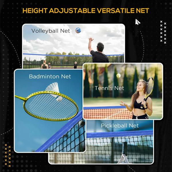 Height-adjustable blue sports net with square mesh and padded frame