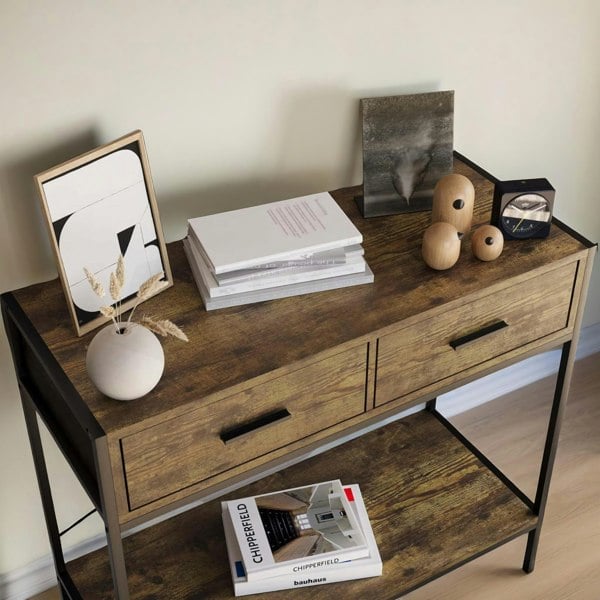 Rafaelo Mobilia 2 Drawer Industrial Console Table Dark Wood