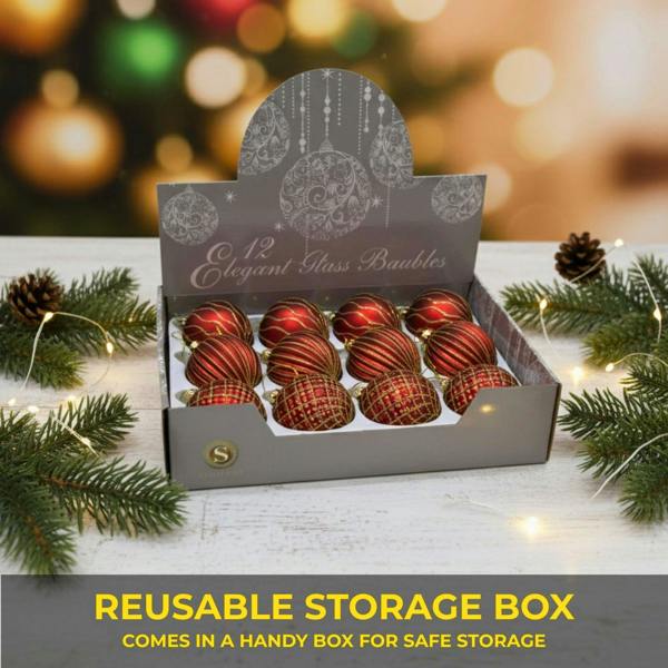 8cm Red Glass Christmas Baubles Set, 12 Pack with 3 Assorted Designs for Tree Decorations image 9