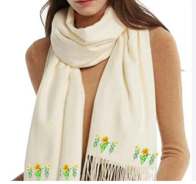 Art on Scarves Cashmere Feel Luxury Scarf Handprinted with Celtic Daffodils