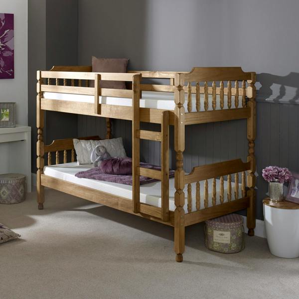 Continental Colonial Spindle Bunk Bed Solid Pine Waxed Small Single or Single