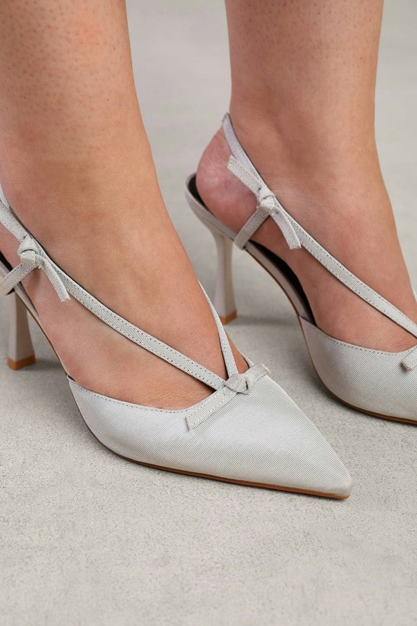 Where's That From Ava Wide Fit High Heel With Pointed Toe and Strap Detail in Silver Satin