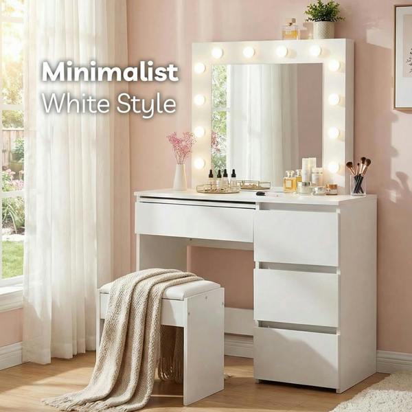 Levede Vanity Makeup Dressing Table White with Led  Light Mirror Drawer PU Stool
