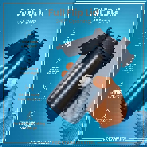 A dark-grey stainless steel water bottle with a full flip lid, is being held, against a light-blue background. The lid folds back 240°.