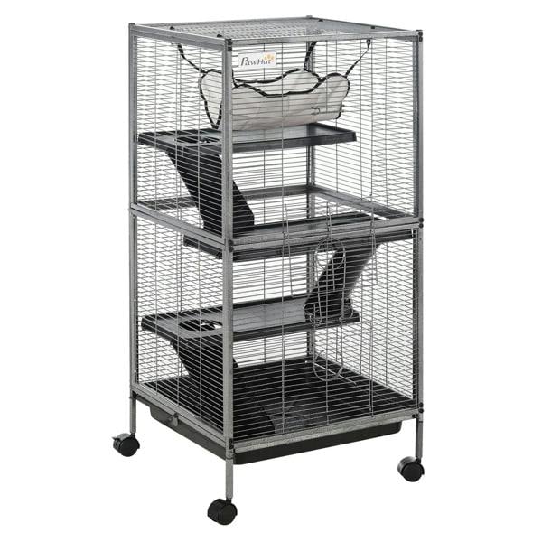 Silver wire small animal cage with hammock, platforms, and sliding tray on wheels