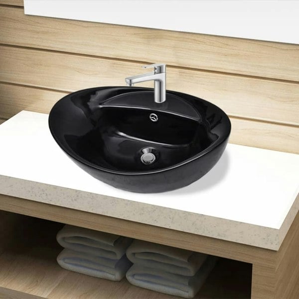Berkfield Ceramic Bathroom Sink Basin Faucet/Overflow Hole Black Oval