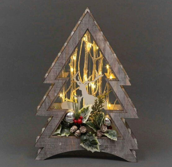 Shatchi 38cm and 48cm Wooden LED Reindeer Scene Christmas Tree Tabletop Decorations with Warm White Micro Rice Lights