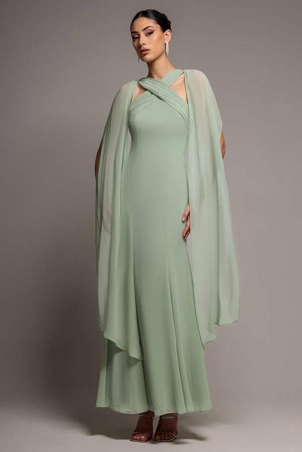 Cross Front Scarf Back Chiffon Mermaid Maxi Dress - Sage Green DR4831