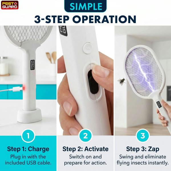 Electric Fly Swatter Racket - 2 in 1 Rechargeable Electric Fly Swatter & Zapper with LED Light, USB Powered Flying Insect Control Tool