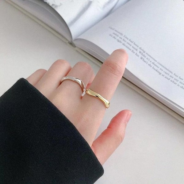 The Colourful Aura Sterling Silver Gold and Silver Slim Wave Irregular Open Band Cuff Ring