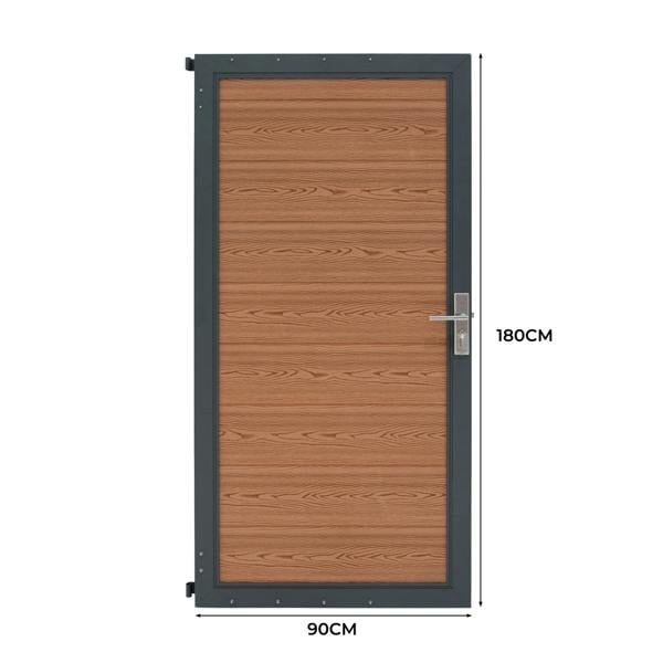 Brown composite panel gate featuring a wood-like texture, sleek metal frame, and dimensions of 90cm by 180cm