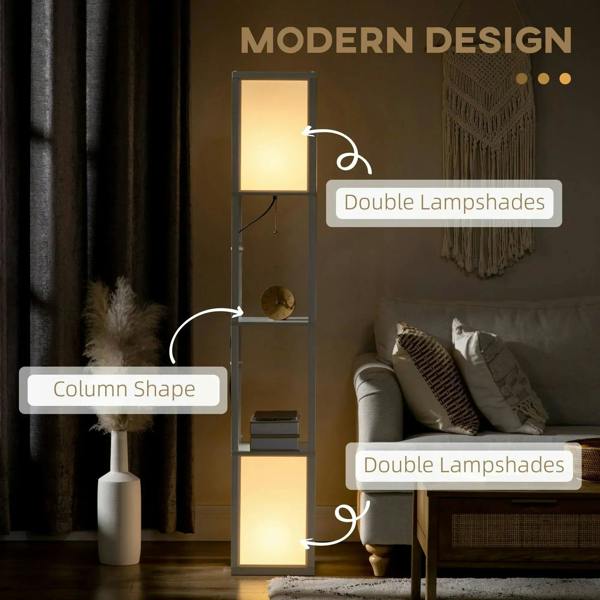 White floor lamp shelving unit featuring two illuminated lamps and stacked storage shelves