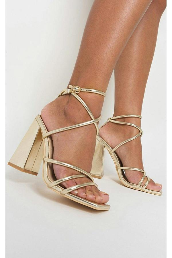 Michaela Strappy Ankle Block Heeled Sandals - Gold