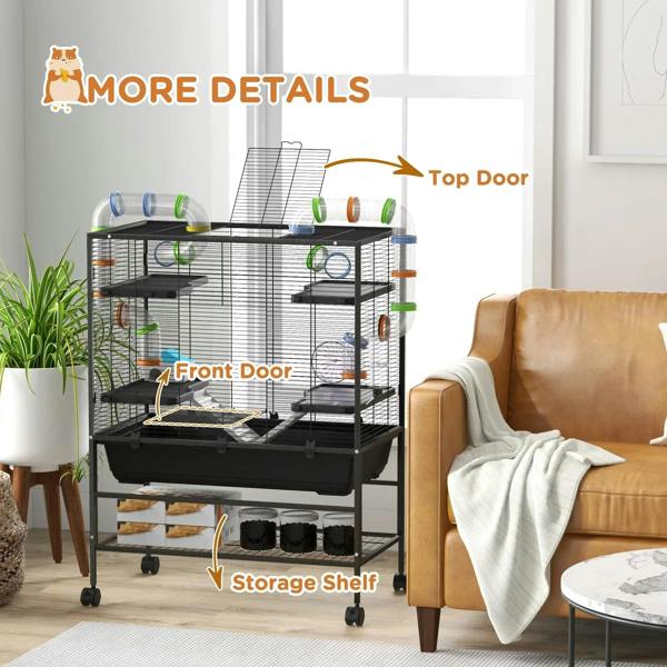 Large black hamster cage with front door, top door, and storage shelf below