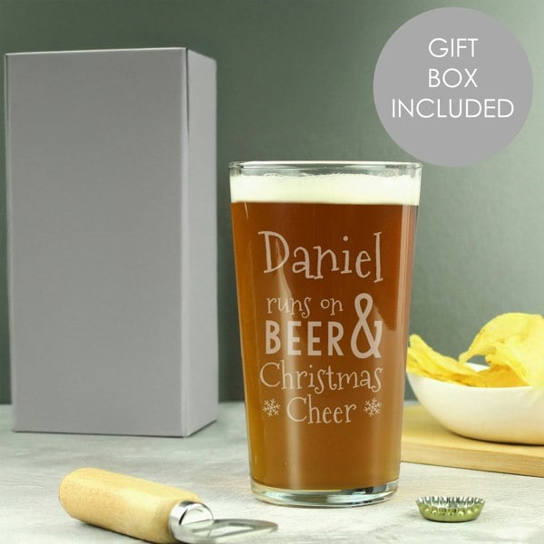 Personalised Memento Company Personalised Runs On Beer & Christmas Cheer Pint Glass