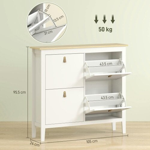Wyld Haus Milese Wooden White and Natural Modern 4 Drawer Shoe Cabinet Faux Leather Handles