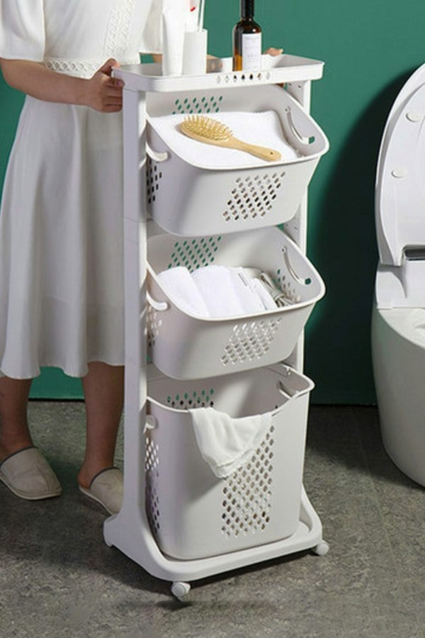 Living and Home 3 Compartments Laundry Basket Storage Basket Detachable Clothes Hamper Multi-Functional Rotatable Sorter Cart with Wheels Shelf