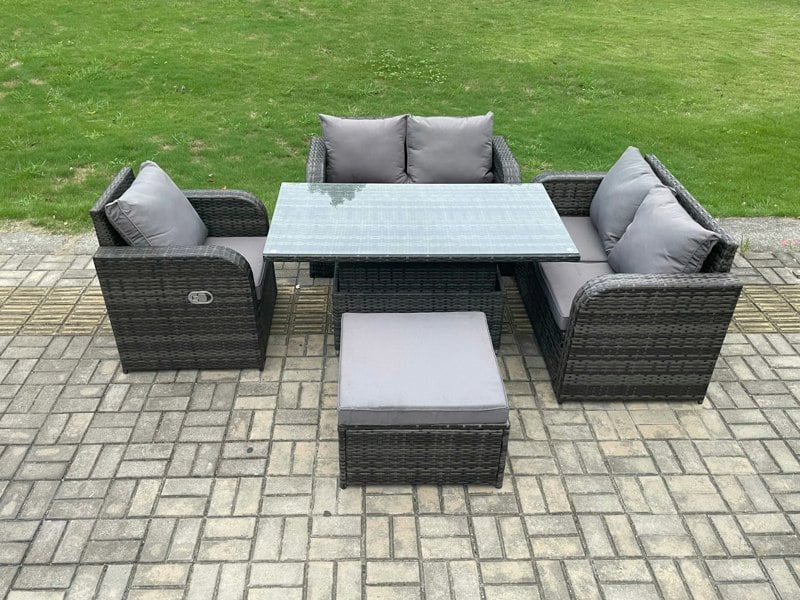 Fimous Wicker PE Rattan Furniture Garden Dining Set Outdoor Height Adjustable Rising lifting Table Love Sofa With Reclining Chair Big Footstool