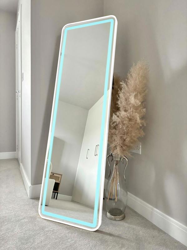 Downton Interiors Stunning White Rectangular Metal Frame LED Wall or Floor Standing Dressing Mirror 145cm x 45cm - Soho Collection