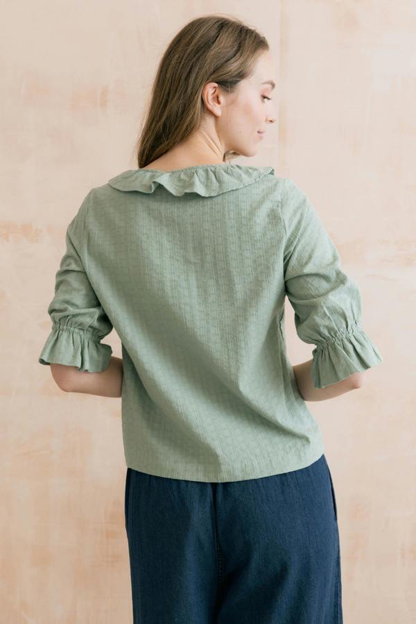 Lily & Me May Embroidered Cotton Frill Blouse Silver Sage