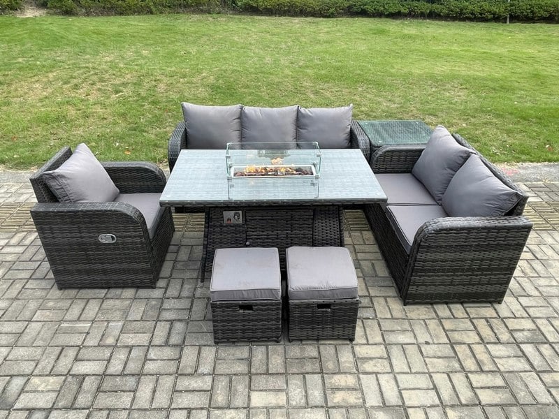 Fimous Garden Patio Furniture Wicker Rattan Gas Fire Pit Table and Sofa Chair set with Side Table 2 Small Footstools