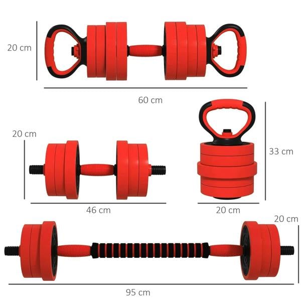 Red adjustable weight set components with dimensions: dumbbell, barbell, kettlebell