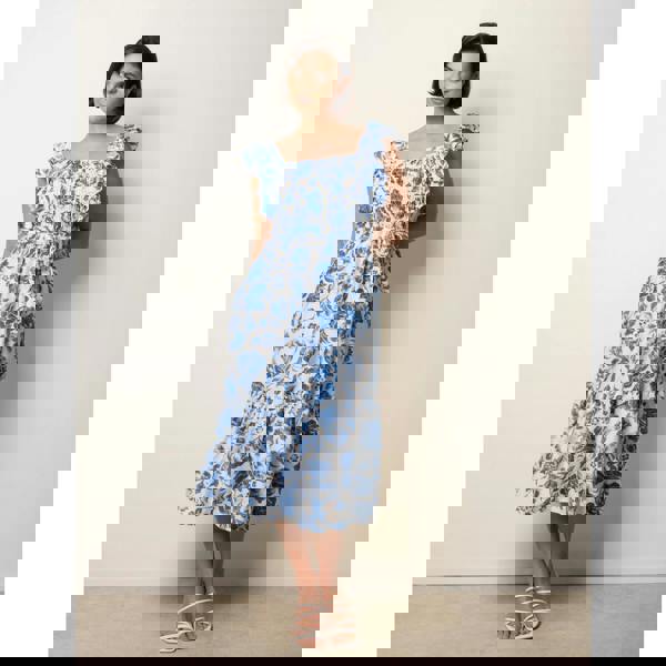 Blue Vanilla Frill Sleeveless Dress With Floral Print