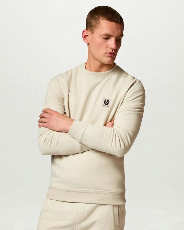 Belstaff Mens Logo Sweatshirt - Pale Stone | CHO | Designer Mens Crew Neck Sweatshirts