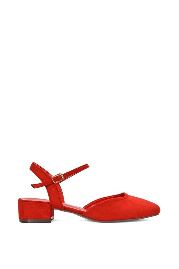 XY LONDON Low Block Heel Court Shoes With Ankle Strap - Red