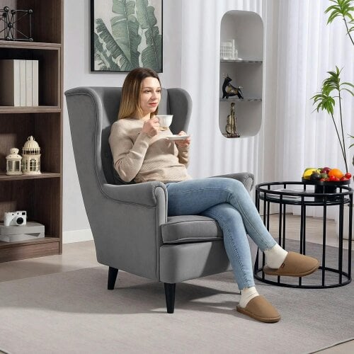 Bobobiy Modern Accent Chair, Velvet-Feel Fabric Reading Chair with Solid Wood Legs, Dark Grey