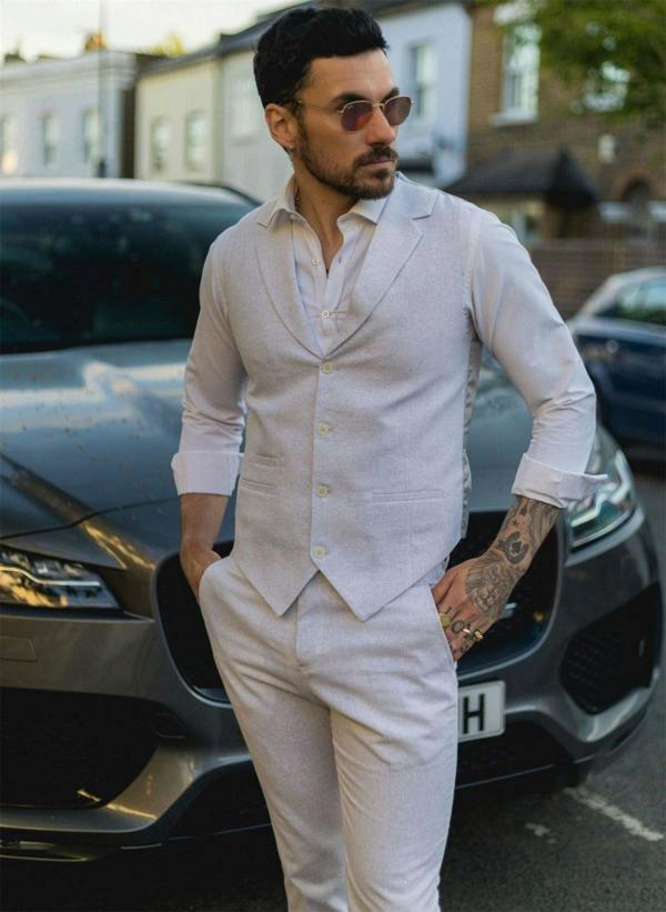 Infinity Leather Men's Summer 2 Piece Suit Linen Formal Grey Waistcoat Trousers