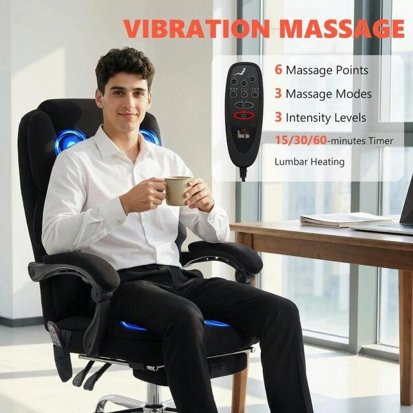 Office Chair with 6-point Vibration Massage and Heat, Fabric Desk Chair with Footrest, High Back, Black