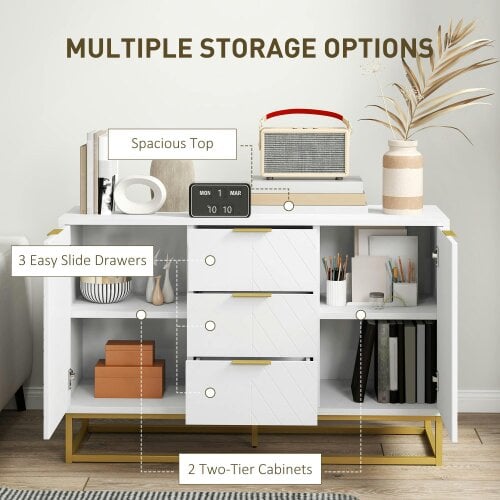 Wyld Haus Luka White Sideboard 3 Drawers 2 Doors Chevron Design Gold Accents