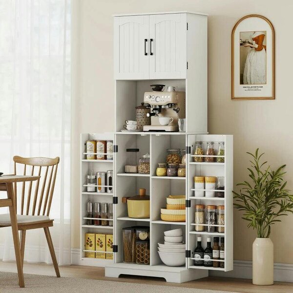 181.5 cm Freestanding Storage Cabinet, Tall Kitchen Cupboard with Adjustable Shelves, 8 Door Spice Racks, White