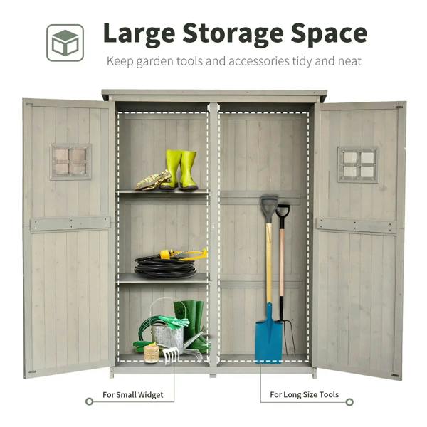 Grey wooden shed cabinet open to show two internal shelves for tool storage