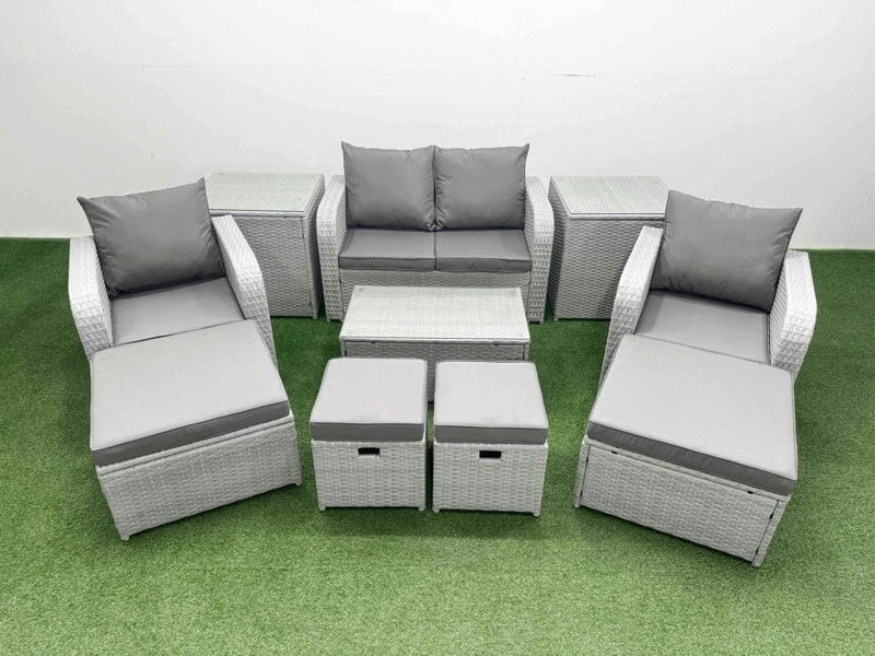 Fimous 10 PCs Rectangular Coffee Table Set Reclining Chair Inclining Sofa Seat 2 Side Tables 2 Big Footstool Light Grey