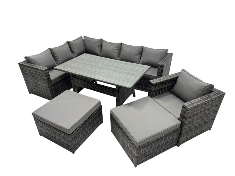 Fimous Outdoor PE Rattan Sofa Set with Dining Table Patio Garden Furniture Sets with Chair 2 Big Stools Dark Grey Mixed