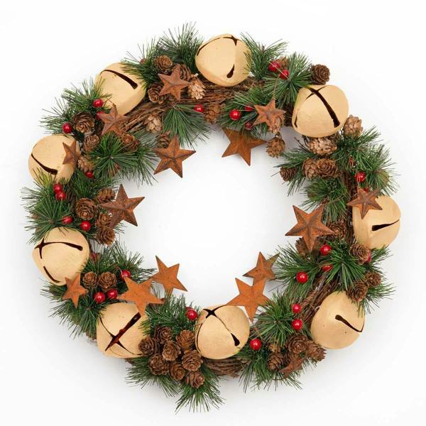 40cm Green Christmas Wreath with Bells and Stars, PVC Decorative Wreath for Indoor or Sheltered Outdoor Display image 1