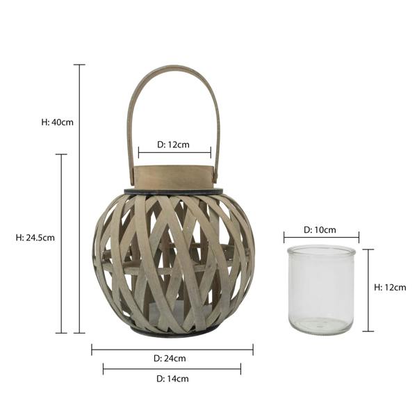 JVL Set of 2 Luna - Natural Round Wood Lantern With Handle, Antique Wash