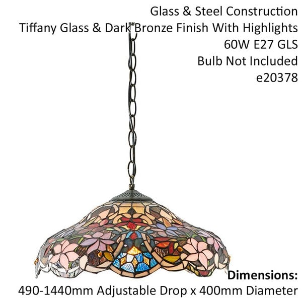 Floral Tiffany Glass Design Ceiling Pendant Light - Dark Bronze Effect Fitting