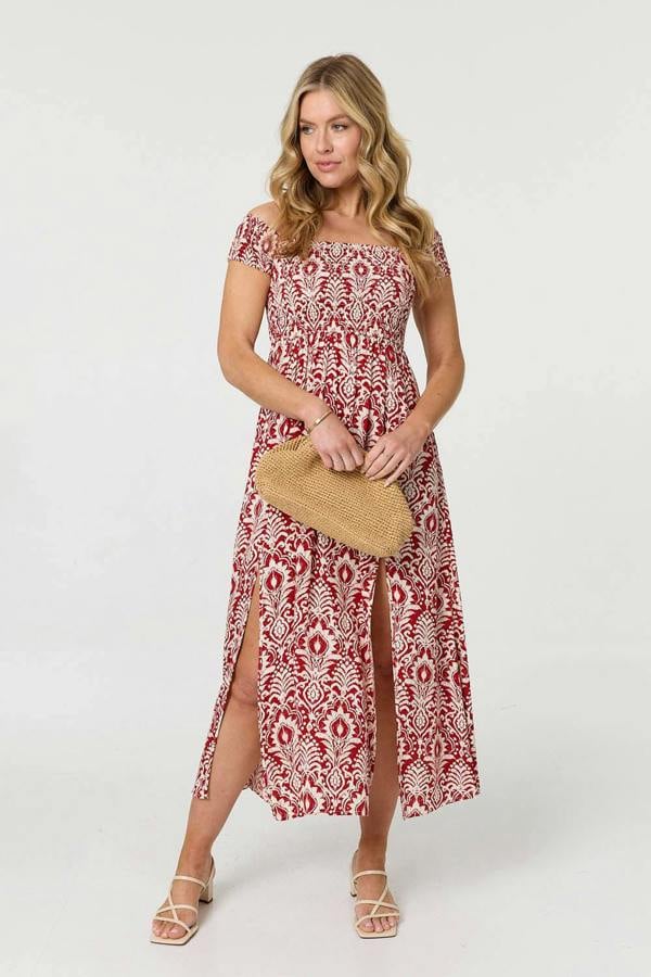 Red | Printed Cap Sleeve Bardot Top Maxi Dress