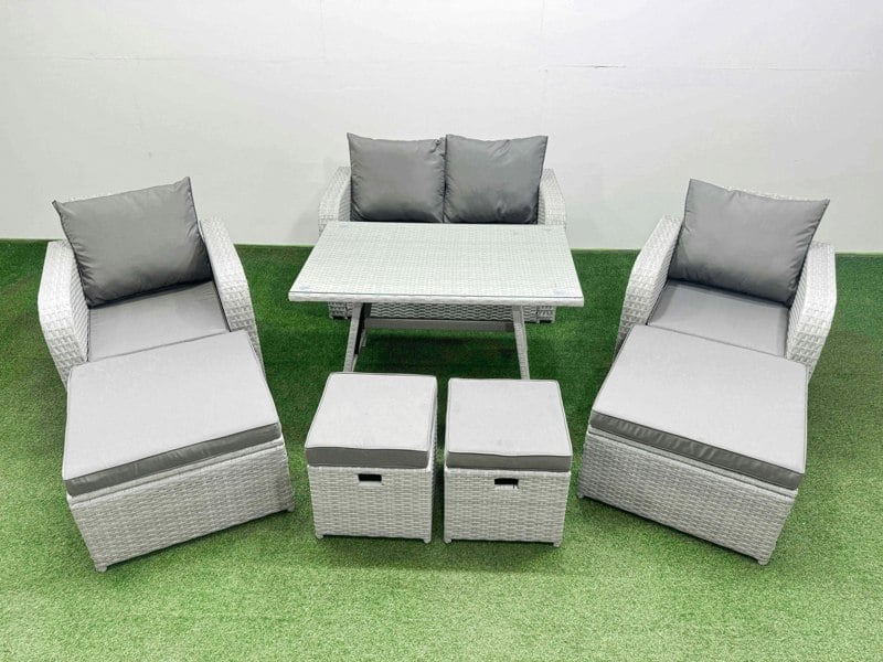 Fimous Rattan Garden Furniture Dining Set 8 seater Patio Rectangular Table Sofa Set with 4 Stools Light Grey