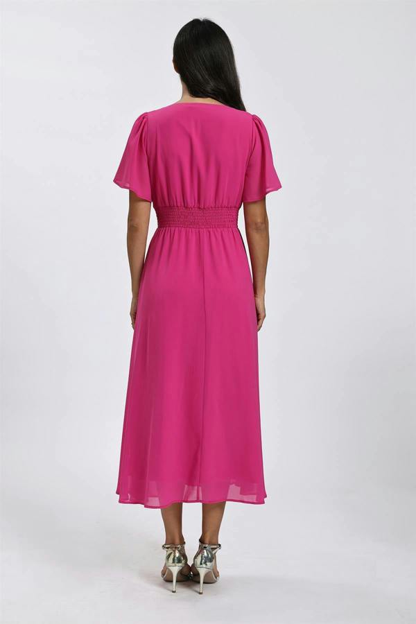 FS Collection Fuchsia V Neckline Shirred Waist Midi Dress
