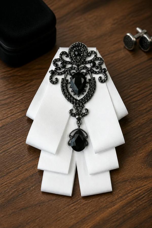 Pamoni Ornate Black Gem & White Ribbon Bow Tie Brooch