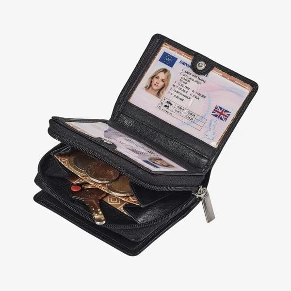 Black women's leather purse with card slots and coin pocket
