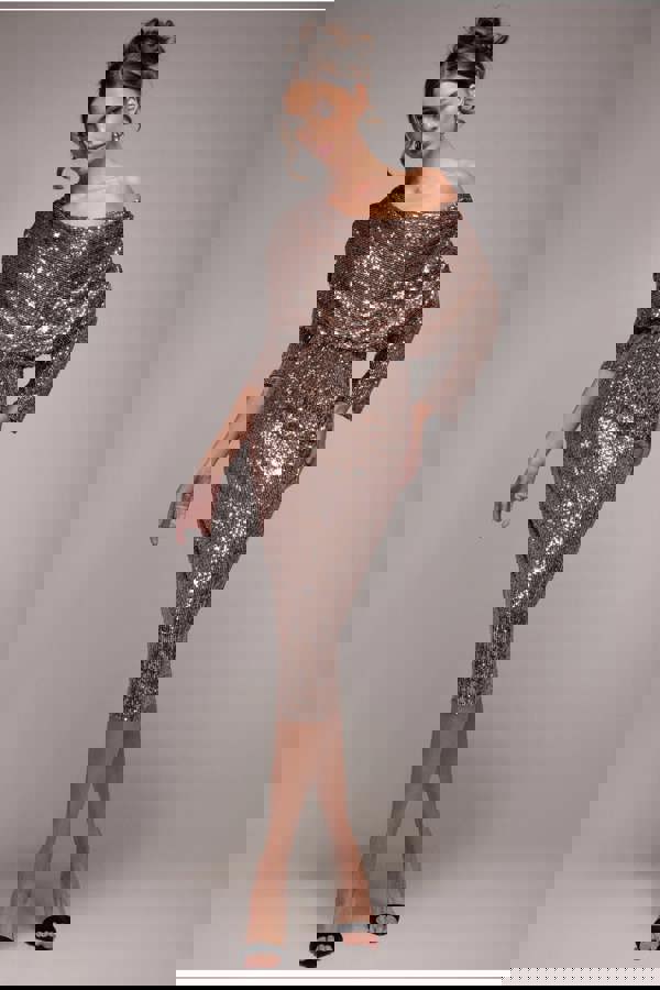 Sequin Cowl Neck Midi Dress - Champagne DR3321A