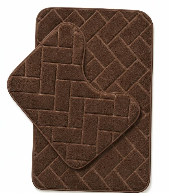 Night Zone Memory Foam Bath Mat Set – Block Bricks Design Non-Slip Bathroom Rug - Chocolate