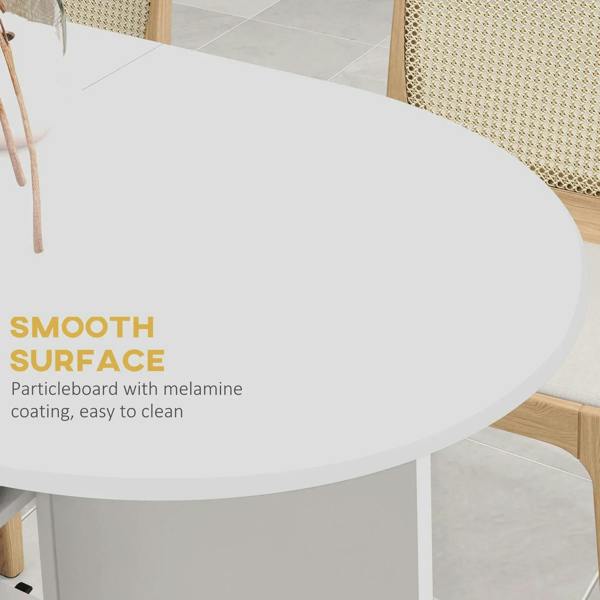 White drop-leaf dining table with melamine tabletop and rounded corners, shown up close