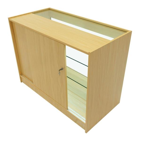 Hera LED Shop Counter Set in maple finish, featuring a sleek design, glass shelves, and a sliding door for easy access